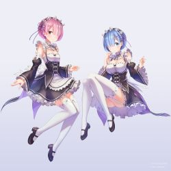 Rule 34 | 10s, 2girls, anbe yoshirou, blue eyes, blue hair, bow, bowtie, breasts, cleavage, closed mouth, commentary request, detached sleeves, dress, frills, garter straps, gradient background, hair ornament, hair over one eye, highres, looking at viewer, maid, maid headdress, medium breasts, multiple girls, pink hair, ram (re:zero), re:zero kara hajimeru isekai seikatsu, red eyes, rem (re:zero), ribbon trim, shoes, short hair, siblings, simple background, sisters, sleeveless, small breasts, thighhighs, thighs, turtleneck, twins, white legwear, wide sleeves, x hair ornament, zettai ryouiki