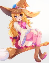 Rule 34 | 1girl, absurdres, beryl benito, black eyes, blonde hair, boots, bow, bowtie, brown footwear, brown hat, full body, grey background, hair bow, hands on own knees, hat, highres, long hair, long sleeves, looking at viewer, marota, open mouth, pink bow, pink bowtie, pink thighhighs, sitting, smile, solo, tales of (series), tales of hearts, thighhighs, twitter username, wide sleeves, witch hat