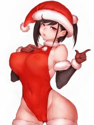 Rule 34 | 1girl, bare shoulders, black hair, breasts, covered erect nipples, covered navel, fumio (rsqkr), gloves, hat, large breasts, lips, looking at viewer, original, red thighhighs, santa costume, santa hat, simple background, solo, thighhighs, white background