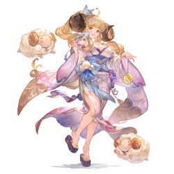 Rule 34 | 1girl, ahoge, alternate hairstyle, anila (granblue fantasy), anila (yukata) (granblue fantasy), belly chain, blonde hair, blunt bangs, blush, bow, breasts, cleavage, curled horns, draph, granblue fantasy, hand fan, horns, japanese clothes, jewelry, kimono, large breasts, long hair, looking at viewer, minaba hideo, obi, off shoulder, official art, open mouth, ribbon, sash, sheep horns, short eyebrows, smile, solo, thick eyebrows, transparent background, very long hair, white bow, white kimono, white ribbon, wide sleeves, yellow eyes, yukata