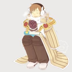 Rule 34 | 1boy, book, breath, brown cape, brown capelet, brown gloves, brown hair, brown pants, cape, capelet, closed eyes, cold, commentary request, earmuffs, endo mame, full body, gloves, holding, holding book, long sleeves, male focus, open mouth, pants, rabbit earmuffs, ragnarok online, red shirt, sage (ragnarok online), scarf, shirt, shoes, short hair, solo, squatting, striped cape, striped capelet, waist cape, wavy mouth, white scarf