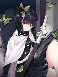 Rule 34 | 1girl, absurdres, bad id, bad pixiv id, black hair, black jacket, black skirt, blunt bangs, blurry, blurry foreground, bug, butterfly, butterfly hair ornament, cape, closed mouth, cup6542, green butterfly, hair ornament, head tilt, highres, holding, holding sword, holding weapon, insect, jacket, katana, kimetsu no yaiba, long hair, long sleeves, miniskirt, pleated skirt, purple eyes, red ribbon, ribbon, sheath, sheathed, side ponytail, sitting, skirt, smile, solo, sword, tsuyuri kanao, weapon, white cape