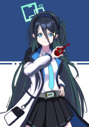 Rule 34 | 1girl, absurdres, aris (blue archive), black hair, black skirt, blue archive, blue eyes, blue necktie, collared shirt, commentary request, doyagao, hair between eyes, hair ornament, hairband, halo, henshin, highres, holding, jacket, kamen rider, kamen rider kabuto (series), long hair, long sleeves, looking at viewer, necktie, one side up, open clothes, open jacket, pleated skirt, rider belt, school uniform, shirt, sidelocks, simple background, skirt, smile, smug, snow rexilium, solo, sparkle, v-shaped eyebrows