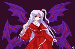 Rule 34 | 1girl, alphes (style), capelet, dress, female focus, hair bobbles, hair ornament, kaoru (gensou yuugen-an), mystic square, parody, red dress, red eyes, shinki (touhou), side ponytail, silver hair, smile, solo, style parody, touhou, touhou (pc-98)