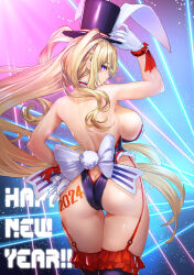 Rule 34 | 1girl, animal ears, ass, azur lane, blonde hair, blue leotard, breasts, butt crack, cleavage, fake animal ears, gloves, guam (azur lane), guam (stage-setting charmer) (azur lane), hat, highres, iitsumonemu, large breasts, leotard, long hair, looking at viewer, looking back, lying, official alternate costume, on back, open mouth, playboy bunny, purple eyes, rabbit ears, smile, solo, star-shaped pupils, star (symbol), symbol-shaped pupils, thigh gap, top hat, very long hair, white gloves