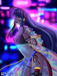 Rule 34 | 1girl, absurdres, ahoge, artist name, bare shoulders, breasts, city, cityscape, cleavage, collar, cyberpunk, female focus, highres, infel (ar tonelico), jacket, jewelry, long hair, looking over eyewear, looking over glasses, multicolored eyes, multicolored hair, nail polish, original, pink-tinted eyewear, pink-tinted glasses, purple-tinted eyewear, purple-tinted glasses, purple hair, red hair, sharp teeth, smile, sunglasses, tagme, teeth, thighs, tinted eyewear, tongue, tongue out, two-tone hair