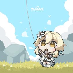 Rule 34 | 1girl, :o, arikuigames1105, arm guards, artist name, bird, black gloves, blonde hair, blue sky, blush, boots, chibi, closed mouth, cloud, commentary request, day, dress, feather hair ornament, feathers, fingerless gloves, flower, genshin impact, gloves, grass, hair between eyes, hair flower, hair ornament, kite, kite flying, lumine (genshin impact), outdoors, rock, short hair, short hair with long locks, sidelocks, sky, sleeveless, sleeveless dress, solo, standing, thigh boots, twitter username, white dress, white flower, white footwear, yellow eyes