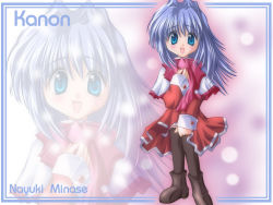 Rule 34 | 1girl, antenna hair, black thighhighs, blue eyes, blue hair, boots, brown footwear, capelet, dress, eyebrows, frills, full body, hand on own chest, juliet sleeves, kanon, knee boots, long hair, long sleeves, looking at viewer, matching hair/eyes, minase nayuki, necktie, puffy long sleeves, puffy sleeves, purple hair, red dress, red skirt, skirt, sleeve cuffs, solo, standing, thighhighs, zoom layer