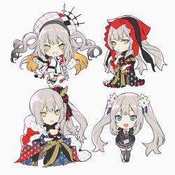 Rule 34 | 4girls, black jacket, blue eyes, chibi, fate/grand order, fate (series), flower, grey hair, hair flower, hair ornament, highres, id card, jacket, locked arms, long hair, marie antoinette (alter) (fate), marie antoinette (alter) (first ascension) (fate), marie antoinette (alter) (third ascension) (fate), marie antoinette (fate), multiple girls, multiple persona, necktie, no-kan, pleated skirt, red necktie, school uniform, shirt, signature, skirt, twintails, white background, white shirt, yellow eyes