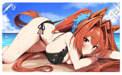 1girl absurdres animal_ears bare_arms bare_shoulders beach bikini black_bikini blush breasts brown_hair cleavage cloud commentary commission daiwa_scarlet_(umamusume) english_commentary hair_intakes highres horse_ears horse_girl horse_tail large_breasts long_hair looking_at_viewer lying outdoors pixiv_commission red_eyes revision sand sky solo swimsuit sylph_kim tail thighs twintails umamusume very_long_hair water