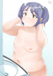 Rule 34 | 1girl, artist name, bathroom, belly, breasts, brown eyes, completely nude, fat, fat rolls, female focus, grey hair, hair bobbles, hair ornament, mirror, mizukane, nude, original, short twintails, sink, small breasts, solo, tachibana yasumi (mizukane), thick thighs, thighs, twintails