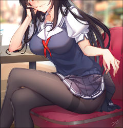 Rule 34 | 1girl, bendy straw, black hair, black pantyhose, black skirt, blush, breasts, clothes lift, crossed legs, cup, dc (doughertyevans), drinking straw, hand on own cheek, hand on own face, head out of frame, indoors, kasumigaoka utaha, large breasts, lifted by self, lips, long hair, looking at viewer, panties, panties under pantyhose, pantyhose, pleated skirt, puffy short sleeves, puffy sleeves, red eyes, saenai heroine no sodatekata, school uniform, short sleeves, sitting, skirt, skirt lift, smile, solo, sweater vest, table, thighband pantyhose, underwear