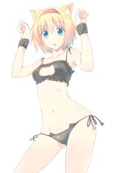 Rule 34 | 1girl, absurdres, alice margatroid, animal ears, black bra, black panties, blonde hair, blue eyes, bra, breasts, cat cutout, cat day, cat ear panties, cat ears, cat lingerie, cleavage, cleavage cutout, clothing cutout, collarbone, contrapposto, hairband, highres, kemonomimi mode, looking at viewer, meme attire, navel, nirap, open mouth, panties, short hair, side-tie panties, small breasts, solo, standing, touhou, underwear, underwear only, wrist cuffs