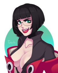 Rule 34 | 1girl, absurdres, arc system works, black hair, breasts, cleavage, glasses, green eyes, guilty gear, guilty gear strive, highres, i-no, large breasts, lipstick, looking at viewer, makeup, smile