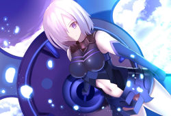 Rule 34 | 1girl, armor, bare shoulders, breasts, cloud, cloudy sky, dutch angle, fate/grand order, fate (series), gloves, hair over one eye, highres, large breasts, looking at viewer, mash kyrielight, navel, paperfinger, purple eyes, purple hair, short hair, sky, solo