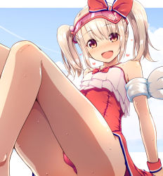 Rule 34 | 1girl, blue sky, fate/grand order, fate/kaleid liner prisma illya, fate (series), hat, heart, illyasviel von einzbern, illyasviel von einzbern (swimsuit), illyasviel von einzbern (swimsuit archer), illyasviel von einzbern (swimsuit archer) (second ascension), inflatable armbands, looking at viewer, one-piece swimsuit, red eyes, red hat, red one-piece swimsuit, ribbon, rougetsu (eclipse), sitting, sky, smile, solo, swimsuit, thighs, twintails, visor cap, white hair