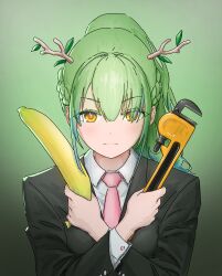 Rule 34 | 1girl, absurdres, alternate costume, alternate hairstyle, antlers, artist request, banana, blue hair, braid, branch, ceres fauna, closed mouth, collared shirt, food, formal, fruit, gradient background, green hair, hair over one eye, high ponytail, highres, hitman (game), holding, holding food, holding fruit, holding wrench, hololive, hololive english, horns, long hair, long sleeves, looking at viewer, multicolored hair, necktie, parted bangs, shirt, solo, streaked hair, suit, virtual youtuber, white shirt, wrench, yellow eyes