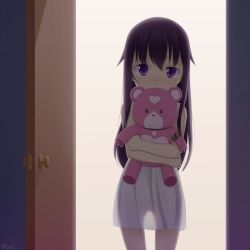 Rule 34 | 10s, 1girl, akai ronii, akatsuki (kancolle), aoki hagane no arpeggio, bad id, bad pixiv id, black hair, blush, child, heart, holding, holding stuffed toy, kantai collection, long hair, looking at viewer, nightgown, no headwear, purple eyes, scared, see-through, simple background, solo, stuffed animal, stuffed toy, teddy bear, yotarou (aoki hagane no arpeggio)