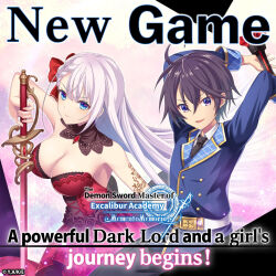 Rule 34 | 1boy, 1girl, advertising, bare shoulders, black necktie, blue eyes, blue suit, breasts, cleavage, closed mouth, copyright name, copyright notice, dress, formal, hair between eyes, holding, holding sword, holding weapon, large breasts, leonis death magnus, logo, long hair, looking at viewer, necktie, official art, open mouth, purple eyes, red dress, riselia ray crystalia, seiken gakuin no maken tsukai, short hair, smile, straight hair, strapless, strapless dress, suit, sword, weapon, white hair
