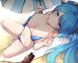 Rule 34 | 1girl, areola slip, barefoot, beach towel, beach umbrella, bikini, bikini pull, blue eyes, blue hair, breasts, closed mouth, clothes pull, ddangbi, korean commentary, large breasts, league of legends, long hair, looking at viewer, lotion, lotion bottle, lying, navel, on back, pulled by self, sona (league of legends), stomach, strap pull, suggestive fluid, swimsuit, towel, twintails, umbrella, undressing, wavy mouth, wet