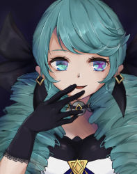 Rule 34 | 1girl, bikobita, black bow, black choker, black gloves, bow, breasts, choker, drill hair, earrings, gloves, green eyes, green hair, gwen (league of legends), hair bow, hand up, highres, jewelry, league of legends, looking at viewer, medium breasts, open mouth, portrait, solo, twin drills
