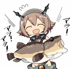 Rule 34 | 10s, 1girl, ^ ^, animal, ara ara, brown hair, closed eyes, commentary request, fish, gloves, headgear, holding, holding animal, holding fish, kanikama, kantai collection, mutsu (kancolle), open mouth, pun, short hair, simple background, too literal, translation request, upper body, white background, white gloves