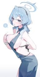 Rule 34 | 1girl, absurdres, ako (blue archive), ako (dress) (blue archive), arms behind back, blue archive, blue hair, blue halo, blush, breasts, chain, cuffs, earrings, halo, highres, jewelry, large breasts, long hair, looking at viewer, meunhongcha, restrained, sideboob, sideless outfit, sideless shirt, simple background, solo, white background