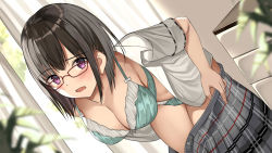 Rule 34 | 1girl, black hair, blurry, blush, bob cut, bra, breasts, chest of drawers, cleavage, collared shirt, commentary request, depth of field, dressing, glasses, green bra, green eyes, grey skirt, highres, indoors, large breasts, leaf, leaning forward, looking at viewer, open mouth, original, pleated skirt, purple eyes, red-framed eyewear, school uniform, seifukubu love, shirt, short sleeves, sideboob, skirt, solo, underwear, white shirt, window