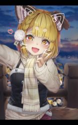 Rule 34 | 1girl, animal ears, blonde hair, blurry, blurry background, braid, contemporary, dog ears, dog tail, drawn whiskers, erune, granblue fantasy, highres, hyouta (yoneya), scarf, selfie, sleeves past wrists, smile, solo, sweater, tail, v, vajra (granblue fantasy), yellow eyes