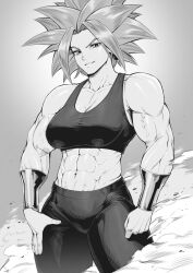 Rule 34 | 1girl, abs, absurdres, bracer, breasts, broad shoulders, cleavage, dragon ball, dragon ball super, earrings, female focus, greyscale, highres, jewelry, kefla (dragon ball), large breasts, looking at viewer, medium hair, midriff, monochrome, muscular, muscular female, navel, solo, speedl00ver, spiked hair, veins, veiny arms