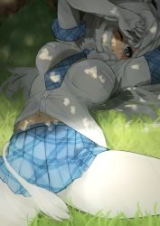 Rule 34 | 1girl, between breasts, blue eyes, blue necktie, blue skirt, breasts, commentary, cowboy shot, elbow gloves, gakukuru, gloves, grass, hair over one eye, kemono friends, large breasts, lion tail, long hair, looking at viewer, lying, midriff peek, navel, necktie, on back, one eye closed, outdoors, pantyhose, pleated skirt, school uniform, shade, skirt, solo, tail, white gloves, white hair, white lion (kemono friends), white pantyhose