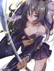 Rule 34 | + +, 1girl, absurdly long hair, azur lane, bare shoulders, black hair, blue dress, blue sleeves, bow, breasts, cleavage, detached sleeves, dress, hair bow, highres, holding, holding sword, holding weapon, katana, long hair, looking at viewer, moji (mojimozis), multicolored hair, pleated skirt, short dress, simple background, skirt, small breasts, solo, strapless, streaked hair, sword, very long hair, weapon, white background, white bow, wide sleeves, yoizuki (azur lane)