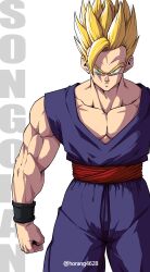 Rule 34 | 1boy, absurdres, artist name, biceps, black wristband, blonde hair, character name, clenched hand, closed mouth, collarbone, commentary request, cowboy shot, dougi, dragon ball, dragon ball super, dragon ball super super hero, frown, green eyes, highres, horang4628, korean commentary, looking at viewer, male focus, muscular, muscular male, pectorals, red sash, sash, serious, simple background, solo, son gohan, spiked hair, standing, super saiyan, super saiyan 1, twitter username, v-shaped eyebrows, white background, wristband