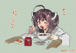 Rule 34 | 1girl, ;o, ahoge, blush, bowl, brown eyes, brown hair, commentary request, dated, food, food request, green background, headgear, holding, holding spoon, japanese clothes, kimono, lamb (hitsujiniku), long hair, long sleeves, looking at viewer, notice lines, one eye closed, open mouth, plate, simple background, solo, spoon, table, touhoku kiritan, translation request, twintails, voiceroid, white kimono, wide sleeves