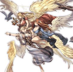 Rule 34 | 10s, 3girls, angel wings, badhbh catha, bird, blonde hair, bracelet, breasts, brown hair, character request, cleavage, dress, feathers, granblue fantasy, hair ornament, jewelry, large breasts, long hair, minaba hideo, multiple girls, sparkle, transparent background, wings