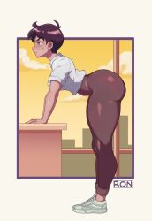 Rule 34 | 1girl, ass, bent over, black hair, bodysuit, bodysuit under clothes, breasts, brown eyes, brown hair, chumerri, closed mouth, collared shirt, dark-skinned female, dark skin, dc comics, desk, earrings, from side, highres, huge ass, jewelry, leaning forward, lois lane, looking back, medium breasts, my adventures with superman, pants, profile, shiny clothes, shirt, shoes, short hair, skin tight, skyline, sneakers, solo, stud earrings, superman: the animated series, superman (series), sweatdrop, thick thighs, thighs, white shirt, yellow eyes