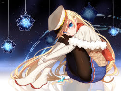Rule 34 | 1girl, bison cangshu, black pantyhose, blonde hair, blue eyes, blue skirt, boots, capelet, closed mouth, crossed ankles, enterprise (warship girls r), eyebrows, from side, full body, fur trim, gloves, hair ornament, hands on legs, hat, head rest, highres, hugging own legs, knee boots, knees up, light particles, long hair, looking at viewer, low-tied long hair, miniskirt, own hands together, pantyhose, peaked cap, pleated skirt, red scarf, reflection, scarf, shiny clothes, sitting, skirt, solo, star (symbol), star hair ornament, string, sweater, upskirt, very long hair, warship girls r, white footwear, white gloves, white hat