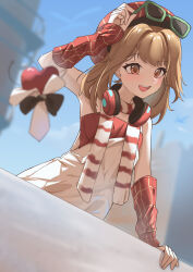 1girl :d absurdres apple apple_(reverse:1999) arm_up bare_shoulders beret black_bow black_bowtie blue_sky blurry blurry_background blurry_foreground bow bowtie brown_hair building chi_jiecao_de_tianshi day food fruit hand_up hat headphones headphones_around_neck highres holding holding_removed_eyewear looking_down official_alternate_costume open_mouth orange_eyes outdoors overall_skirt red_arm_warmers red_hat red_shirt regulus_(reverse:1999) reverse:1999 shirt short_hair skirt sky smile solo strapless strapless_shirt sunglasses teeth traditional_bowtie unworn_eyewear upper_body upper_teeth_only white_skirt