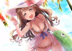 1girl :d absurdres arm_up bikini blue_sky blush breasts brown_eyes brown_hair cleavage collarbone commentary_request cowboy_shot dutch_angle flower frilled_bikini frills hat hat_flower hibiscus highres idolmaster idolmaster_cinderella_girls long_hair looking_at_viewer medium_breasts navel open_mouth pink_flower red_bikini shimamura_uzuki sky smile solo stomach string_bikini striped_bikini striped_clothes sun_hat swimsuit teeth thigh_gap two-tone_bikini upper_teeth_only very_long_hair white_bikini white_hat yusuka_yuu