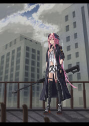 Rule 34 | 1girl, absurdres, anti-materiel rifle, apartment, barrett m82, bipod, black border, black bra, black coat, black gloves, black thighhighs, blue sky, boots, border, bra, bra peek, breasts, building, character name, cleavage, cloud, cloudy sky, coat, collarbone, commentary, commentary request, cross-laced footwear, crossed bangs, day, english commentary, eyes visible through hair, fingerless gloves, flatbox, full body, garter straps, girls&#039; frontline, gloves, gradient hair, gun, hair between eyes, hair over shoulder, head tilt, headgear, high heel boots, high heels, highres, holding, holding gun, holding weapon, holster, hood, hood down, hooded coat, jacket, lace-up boots, large breasts, long coat, long hair, long jacket, looking at viewer, m82a1 (girls&#039; frontline), midriff, miniskirt, mixed-language commentary, multicolored hair, on roof, open clothes, open coat, outdoors, parted lips, pink eyes, pink hair, pouch, railing, red eyes, rifle, scope, shoes, sidelocks, skindentation, skirt, sky, skyscraper, sleeves rolled up, sniper rifle, solo, standing, strapless, striped clothes, striped thighhighs, swept bangs, thigh holster, thighhighs, tube top, underwear, very long hair, weapon, white tube top, window