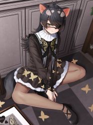 Rule 34 | 1girl, :t, australian devil (kemono friends), black footwear, black hair, brown eyes, bug, butterfly, butterfly eyepatch, checkered floor, commentary, deku suke, dress, empty eyes, english commentary, extra, full body, hair ornament, hairclip, highres, indoors, insect, kemono friends, long hair, long sleeves, looking at viewer, on floor, one eye covered, pantyhose, pout, see-through, see-through legwear, shoes, sitting, solo, tasmanian devil ears, tasmanian devil tail, v arms
