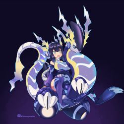 Rule 34 | 1girl, black hair, blue eyes, boots, breasts, creatures (company), detached sleeves, game freak, headphones, highres, horns, kuromiya, large breasts, medium hair, miraidon, multicolored eyes, nintendo, open mouth, personification, pokemon, purple background, slit pupils, tail, thigh boots