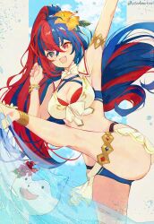 1girl alear_(female)_(fire_emblem) alear_(female)_(seaside_dragon)_(fire_emblem) alear_(fire_emblem) atoatto bare_legs bikini blue_bikini blue_eyes blue_hair breasts character_ball cleavage criss-cross_halter crossed_bangs fire_emblem fire_emblem_engage fire_emblem_heroes gold_armlet gold_thighlet halterneck heterochromia kicking long_hair medium_breasts multicolored_bikini multicolored_hair multicolored_swimsuit nintendo official_alternate_costume official_alternate_hairstyle ponytail red_bikini red_eyes red_hair solo sommie_(fire_emblem) splashing split-color_hair swimsuit two-tone_hair very_long_hair white_bikini