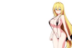 Rule 34 | 1girl, blonde hair, blush, breasts, closed mouth, covered erect nipples, game cg, green eyes, groin, hair between eyes, large breasts, legs, long hair, looking at viewer, navel, nuko majin, revealing clothes, simple background, slingshot swimsuit, solo, standing, tearju lunatique, thighs, to love-ru, to love-ru darkness