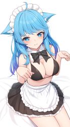 Rule 34 | 1girl, ahoge, animal ear fluff, animal ears, apron, bed sheet, bikini, black bikini, black bow, black bowtie, black skirt, blue eyes, blue hair, bow, bowtie, breasts, closed eyes, closed mouth, commentary request, detached collar, dog ears, dog girl, frilled apron, frilled skirt, frills, furrowed brow, hands up, highres, large breasts, light blush, light smile, looking at viewer, maid headdress, nanashi inc., nishino eri, paw pose, simple background, sitting, skirt, solo, souya ichika, swimsuit, virtual youtuber, waist apron, white apron, white background