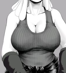 Rule 34 | 1girl, amano44, bare shoulders, boku no hero academia, breast focus, breasts, cleavage, collarbone, gloves, grey background, hatsume mei, highres, large breasts, long hair, monochrome, sleeveless, solo, tank top, third-party edit