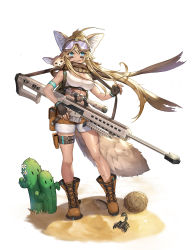 Rule 34 | 1girl, animal, animal ears, animal on shoulder, antenna hair, anti-materiel rifle, barrett m82, black gloves, blonde hair, blue eyes, boots, breasts, brown shorts, cactus, cleavage, commentary request, cross-laced footwear, deepmaru, fingerless gloves, full body, gloves, goggles, goggles on head, gun, headgear, highres, holding, large breasts, long hair, looking at viewer, military, original, pink eyes, pink hair, rifle, scope, scorpion, short shorts, shorts, sniper rifle, solo, tail, thigh strap, weapon, white background