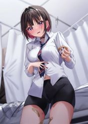 Rule 34 | 1girl, bandaid on thigh, bike shorts, black shorts, blouse, blush, breasts, brown hair, bruise, chigusa minori, choker, collared shirt, commentary request, corrupted twitter file, cowboy shot, ear blush, hair intakes, hairband, highres, holding bandaid, injury, looking down, loose necktie, medium breasts, midriff peek, multicolored hair, nail polish, navel, necktie, open mouth, partially unbuttoned, pink hair, purple eyes, saotome shino (shino to ren), shino to ren, shirayuki ren, shirt, short hair, shorts, skindentation, skirt, solo, sweatdrop, thighs, translation request, two-tone hair, unworn skirt, white shirt