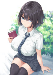 Rule 34 | 1girl, bench, black hair, black thighhighs, blue eyes, breasts, brown hair, closed mouth, day, hair between eyes, highres, holding, large breasts, looking at viewer, original, outdoors, park, pleated skirt, school uniform, shirt, short hair, short sleeves, sitting, skirt, solo, thighhighs, thighs, uniform, white shirt, wing (aiastor)