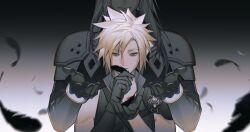 Rule 34 | 2boys, armor, asymmetrical arms, black feathers, black gloves, blonde hair, cloud strife, elbow gloves, expressionless, feathers, final fantasy, final fantasy vii, gloves, gradient background, green eyes, hao xiang yishui bu xing, high collar, highres, holding, holding feather, long hair, long sleeves, male focus, messy hair, multiple boys, pauldrons, sephiroth, short hair, short sleeves, shoulder armor, single elbow glove, single pauldron, smile, smirk, standing, white hair